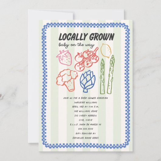 Locally Grown Farmers Market Blue Boy Baby Shower Einladung (Vorderseite)