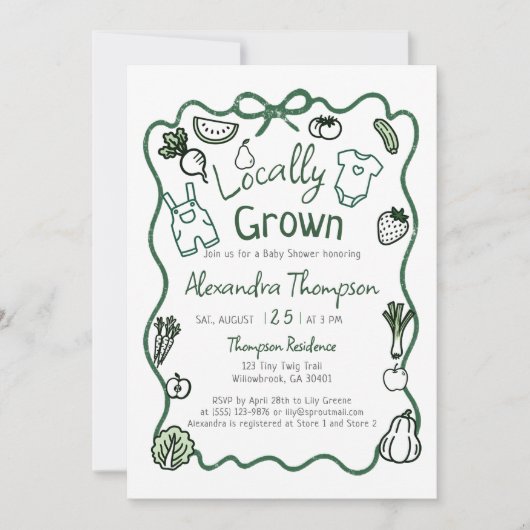 Locally Grown Hand Drawn Bow Clothes Baby Shower Einladung (Vorderseite)
