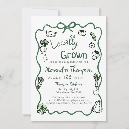 Locally Grown Hand Drawn Bow Squiggle Baby Shower Einladung (Vorderseite)