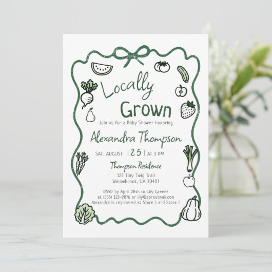 Locally Grown Hand Drawn Bow Squiggle Baby Shower Einladung (Stehend Vorderseite)
