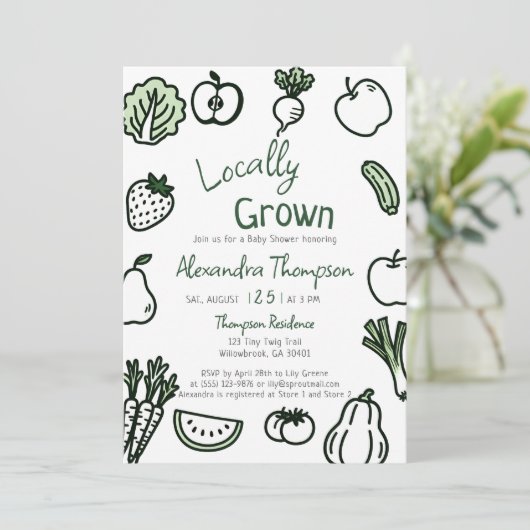 Locally Grown Hand Drawn Farm Fresh Baby Shower Einladung (Stehend Vorderseite)