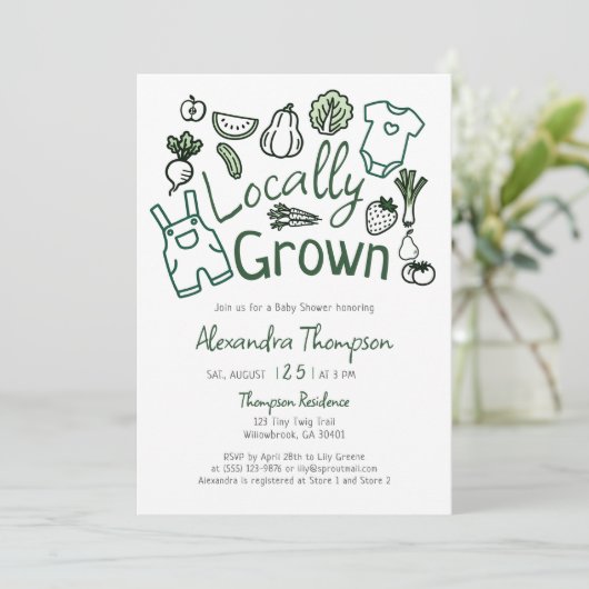 Locally Grown Hand Drawn Farm Veggies Baby Shower Einladung (Stehend Vorderseite)