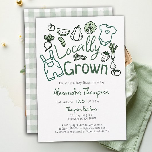 Locally Grown Hand Drawn Farm Veggies Baby Shower Einladung