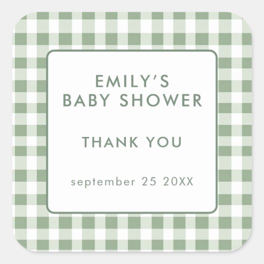 Locally Grown Sage Gingham Baby Shower Thank You Quadratischer Aufkleber (Vorderseite)