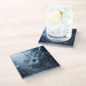 Loch im Glas, Risse Glasuntersetzer (Schrägansicht)