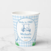 Loch in einem blauen Gingham Golf Party mit Monogr Pappbecher (Rückseite)
