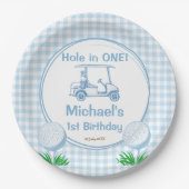 Loch in einem blauen Gingham Golf Party mit Monogr Pappteller (Vorderseite)