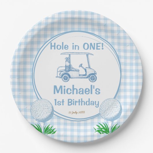 Loch in einem blauen Gingham Golf Party mit Monogr Pappteller (Vorderseite)