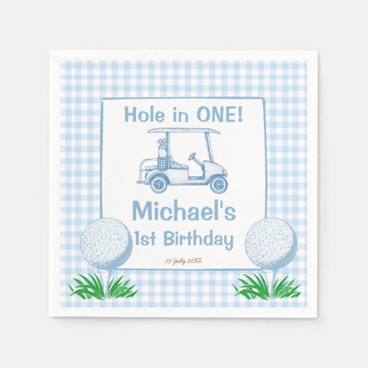 Loch in einem blauen Gingham Golf Party mit Monogr Serviette (Vorderseite)