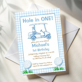 Loch in einem Blue Gingham Golf 1. Geburtstag Part Einladung