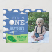Loch in einem Blue Golf Theme Boys erster Geburtst Einladung (Vorne/Hinten)