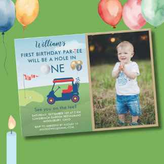 Loch in einem Foto Boy Golf Par-T 1. Geburtstag Einladung