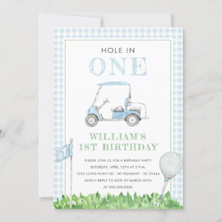 Loch in einem Golfjungen Birthday Blue Gingham Einladung