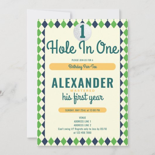 Loch in einem Par-T-Shirt Golf beherrscht 1. Gebur Einladung (Vorderseite)
