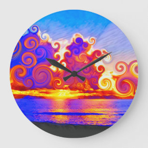 Lockige kalifornische Sonnenuntergangs-Strand-Rund Große Wanduhr