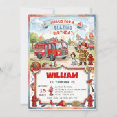 Loderndes Feuerwehrauto Feuerwehrmann Kinder Gebur Einladung (Vorderseite)