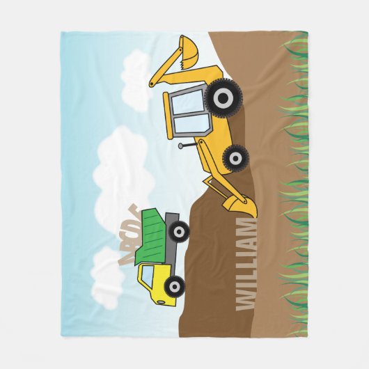 Löffelbagger und Kipper personalisiert Fleecedecke (Vorderseite)