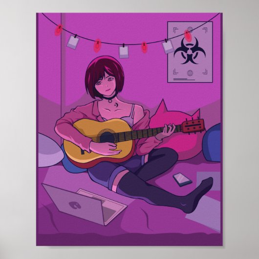 Lofi Anime Art Playing Guitar Poster (Vorne)