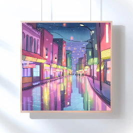 Lofi City Night Light | Farbige Wasserfarbe Poster