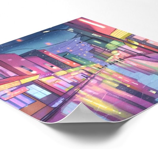 Lofi City Night Light | Farbige Wasserfarbe Poster (Ecke)