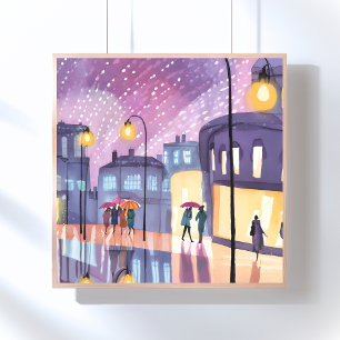 Lofi Regenspaziergang Farbige Stadtlichter Aquar Poster