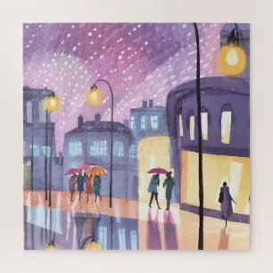 Lofi Regenspaziergang Farbige Stadtlichter Aquar Puzzle