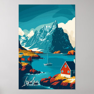 Lofoten Norwegen Art Vintage Travel Illustration Poster