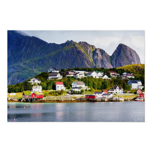 Lofoten Norwegen Reine Dorf unter sonniger blauem Poster (Vorderseite)