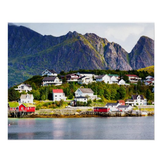 Lofoten Norwegen Reine Dorf unter sonniger blauem Poster (Vorderseite)