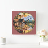 Log Cabin Fine Art Roman Numerum Quadratische Wanduhr (Zuhause)