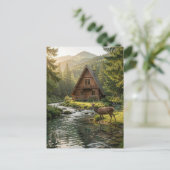 Log Cabin, Stream and Deer, Father's Day Postkarte (Stehend Vorderseite)