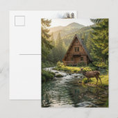Log Cabin, Stream and Deer, Father's Day Postkarte (Vorne/Hinten)