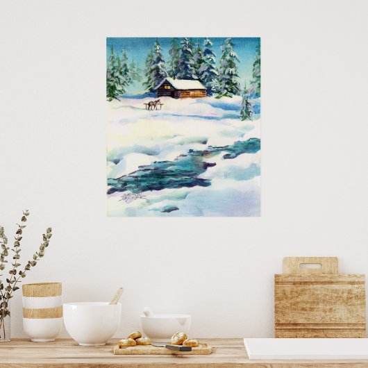 LOG CABIN & STREAM - Canvas Print Poster (Küche)