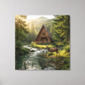 Log Cabin, Stream, Mountains and Deer Nature Art Leinwanddruck (Vorderseite)