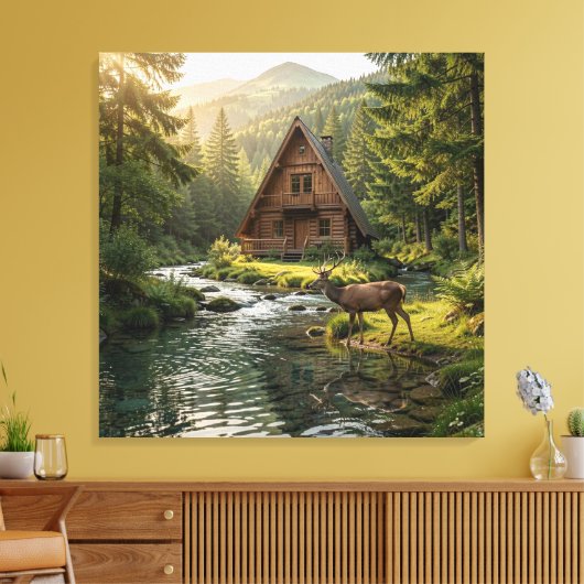 Log Cabin, Stream, Mountains and Deer Nature Art Leinwanddruck (Insitu (Wohnzimmer))