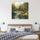 Log Cabin, Stream, Mountains and Deer Nature Art Leinwanddruck (Insitu (Schlafzimmer))