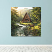 Log Cabin, Stream, Mountains and Deer Nature Art Leinwanddruck (Insitu (Holzboden))