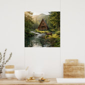 Log Cabin, Stream, Mountains and Deer Nature Art Poster (Küche)