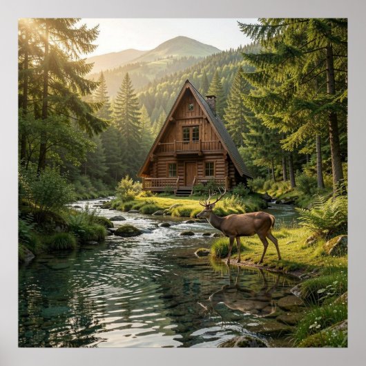 Log Cabin, Stream, Mountains and Deer Nature Art Poster (Vorne)