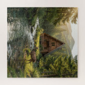 Log Cabin, Stream, Mountains and Deer Nature Art Puzzle (Horizontal)
