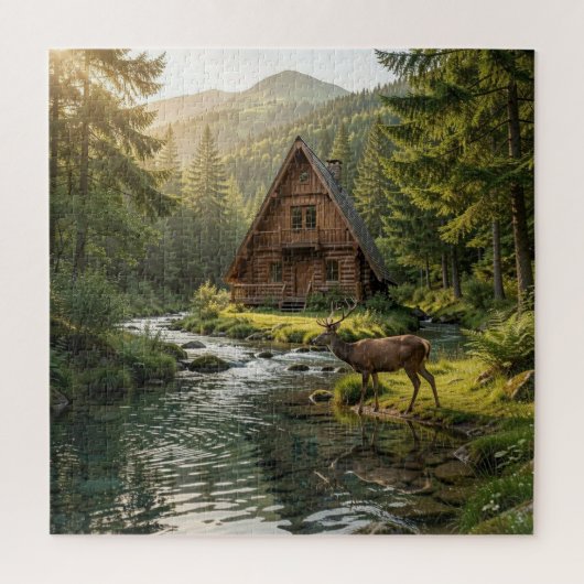Log Cabin, Stream, Mountains and Deer Nature Art Puzzle (Vertikal)