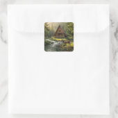 Log Cabin, Stream, Mountains and Deer Nature Art Quadratischer Aufkleber (Tasche)