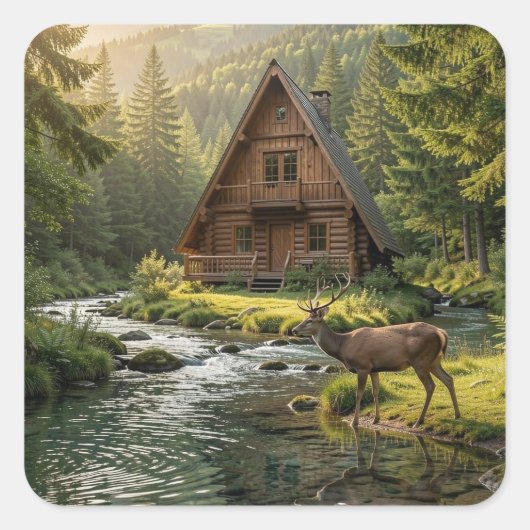 Log Cabin, Stream, Mountains and Deer Nature Art Quadratischer Aufkleber (Vorderseite)
