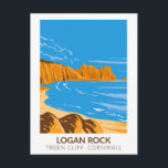 Logan Rock on Treen Cliff in Cornwall Vintag Postkarte<br><div class="desc">Logan Rock Vektorgrafik in einem Abzeichen Stil Design. Der Logan Rock in der Nähe des Dorfes Treen in Cornwall,  England,  ist ein Beispiel für einen logan oder rockenden Stein.</div>
