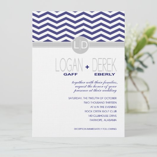 Logan Zickzack | Marine gray LINEN PAPER Einladung (Stehend Vorderseite)
