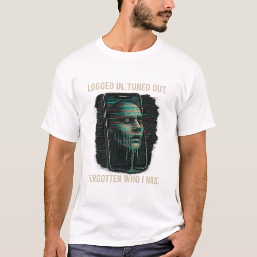 Logged In, Tuned Out – Glitched Identity Tech Art T-Shirt (Vorderseite)