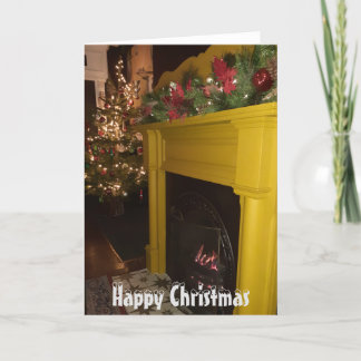 Loggen Sie Feuer und Weihnachtsbeleuchtung, Sheffi Feiertagskarte