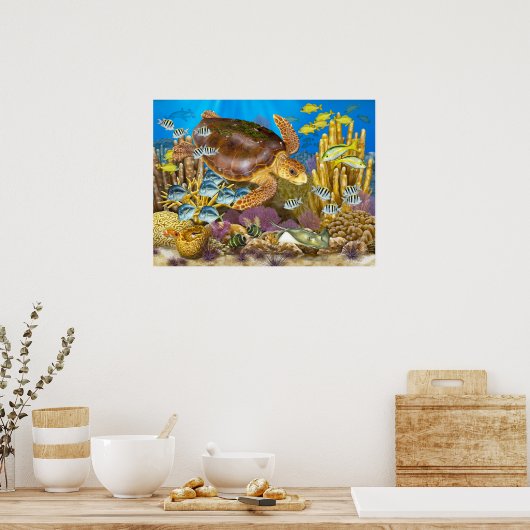 Loggerhead-Meeresschildkröte über Riff Poster (Küche)