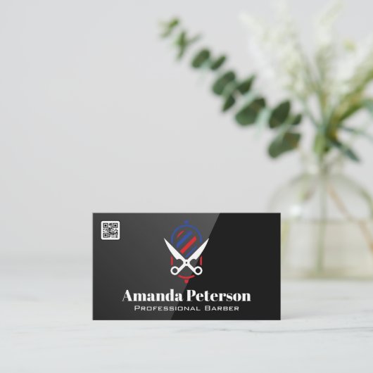 Logo "Barber Pole and Schere" | QR-Code Visitenkarte (Stehend Vorderseite)