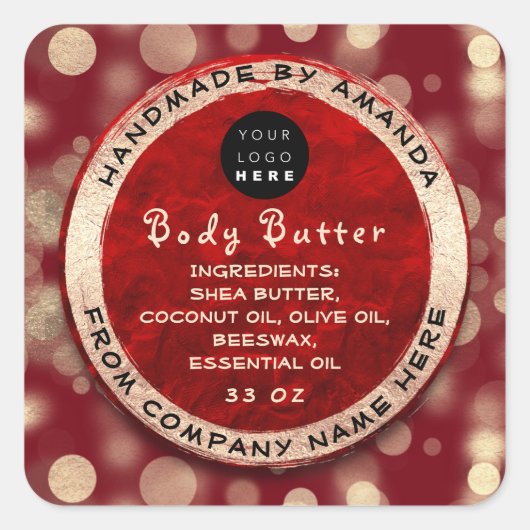 Logo Body Balm Butter Cosmetic Gold Ruby Confett Quadratischer Aufkleber (Vorderseite)